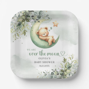 Greenery teddy bear over the moon gender neutral paper plates