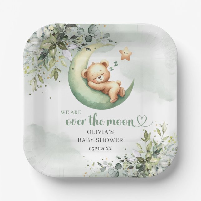 Greenery teddy bear over the moon gender neutral paper plates (Front)