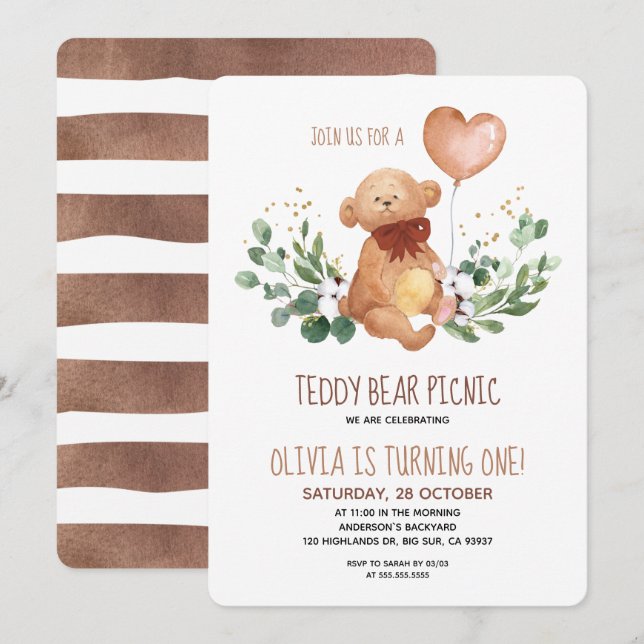 Greenery Teddy Bear Picnic Baby Birthday Invitation (Front/Back)