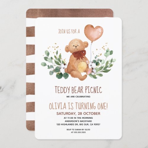 Greenery Teddy Bear Picnic Baby Birthday Invitation