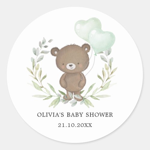 Greenery Teddy Bear Simple Elegant Baby Shower Classic Round Sticker