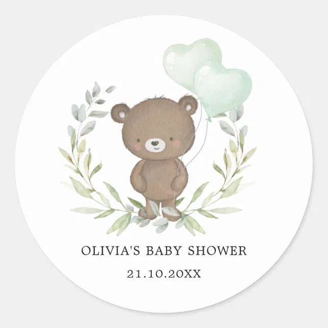 Greenery Teddy Bear Simple Elegant Baby Shower Classic Round Sticker ...