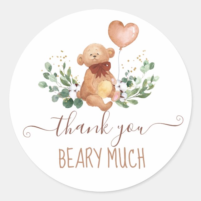 Greenery Teddy Bear Thank You Favor Classic Round  Sticker (Front)