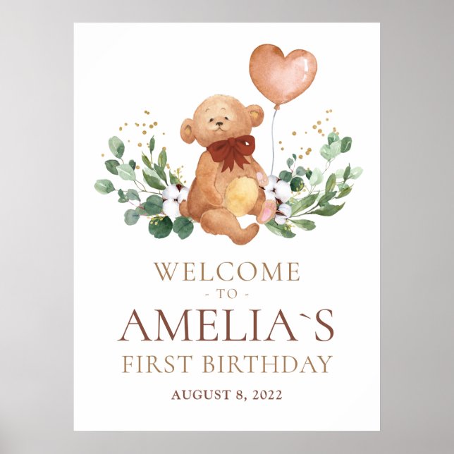 Greenery Teddy Bear Welcome Baby Birthday Poster (Front)