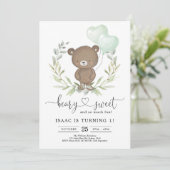 Greenery Teddy Bear with Balloons Boy 1st Birthday Invitation (Standing Front)