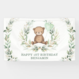 Greenery Teddy Bear Yellow Balloon Happy Birthday Banner