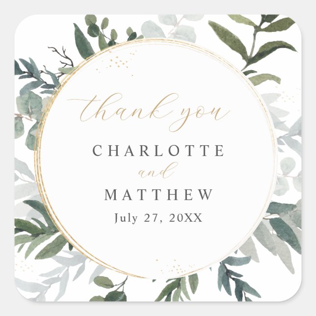 Greenery Thank You Gold Wedding  Square Sticker (Front)