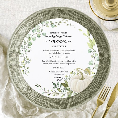 Greenery Thanksgiving Dinner Circle Menu Card