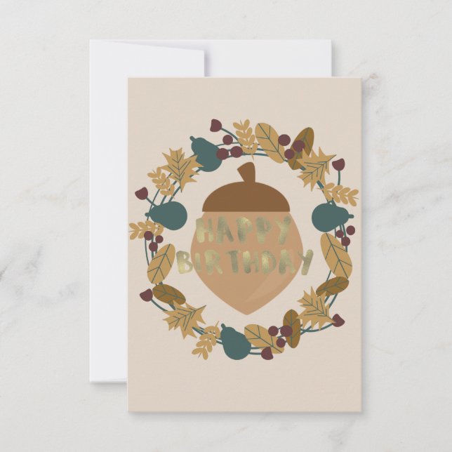 Greenery Thanksgiving Fall Birthday Gold Wreath Card (Front)