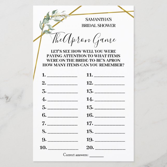 Greenery The Apron bridal shower bilingual game (Front)