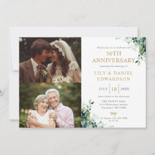 Greenery Then And Now 2 Photo 50th Anniversary Invitation