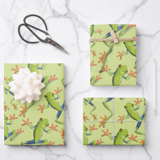 Greenery Tree-Frog Pattern Design Wrapping Paper Sheets (Front)