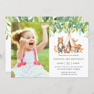 Greenery Tribal Woodland Animals Birthday Photo Invitation
