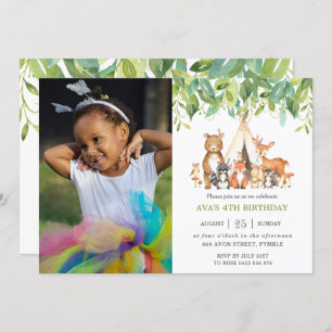 Greenery Tribal Woodland Animals Birthday Photo Invitation