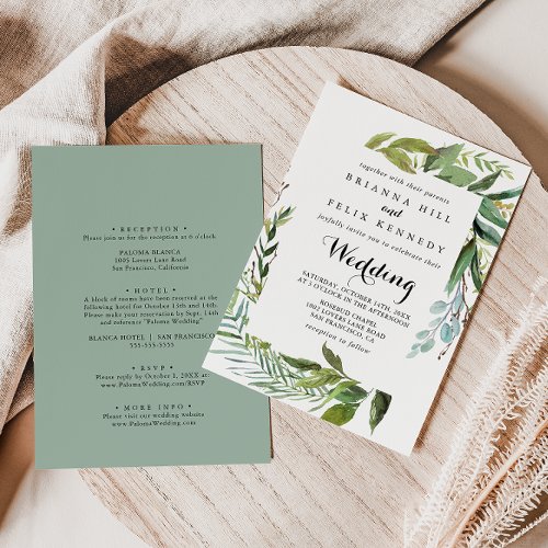Greenery Tropical Calligraphy Front  Back Wedding Invitation