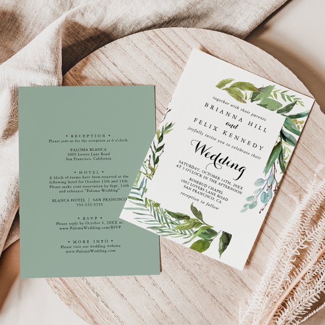 Greenery Tropical Calligraphy Front & Back Wedding Invitation (Creator Uploaded)