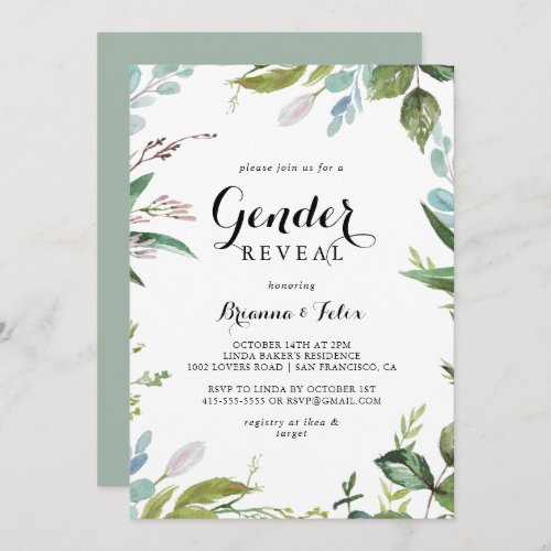 Greenery Tropical Calligraphy Gender Reveal Party Invitation
