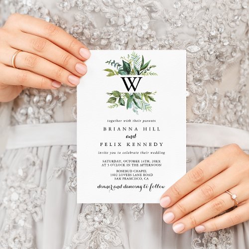 Greenery Tropical Calligraphy Monogram Wedding Invitation