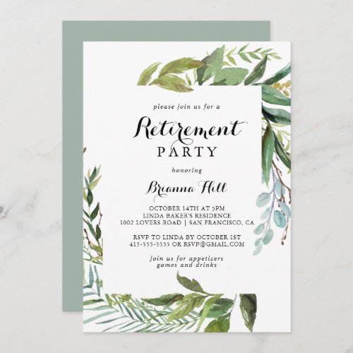 Greenery Tropical Calligraphy Retirement Party Invitation