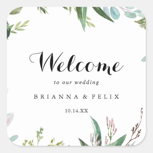 Greenery Tropical Calligraphy Wedding Welcome Square Sticker