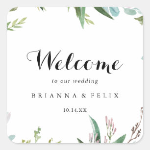 Greenery Tropical Calligraphy Wedding Welcome Square Sticker