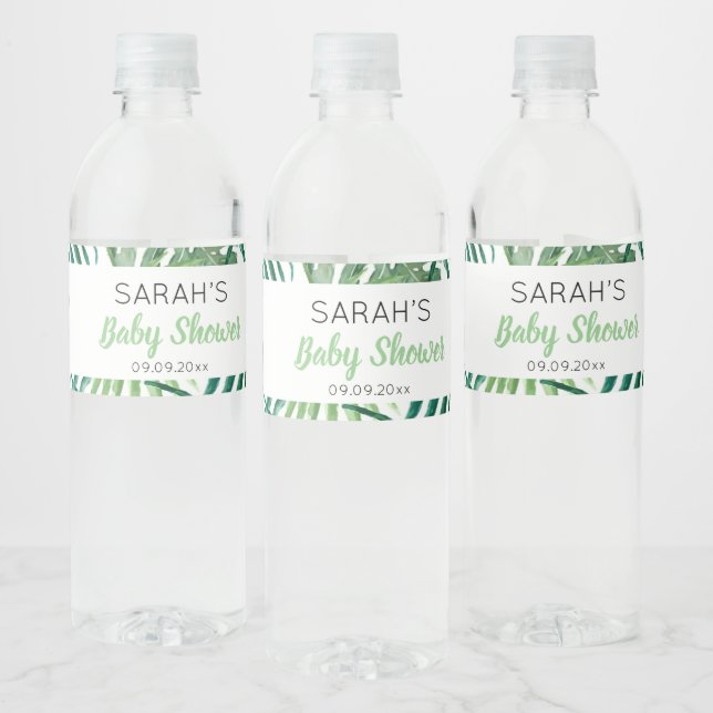 Greenery Tropical Leaf Baby Shower Favor Water Bottle Label (Bottles)