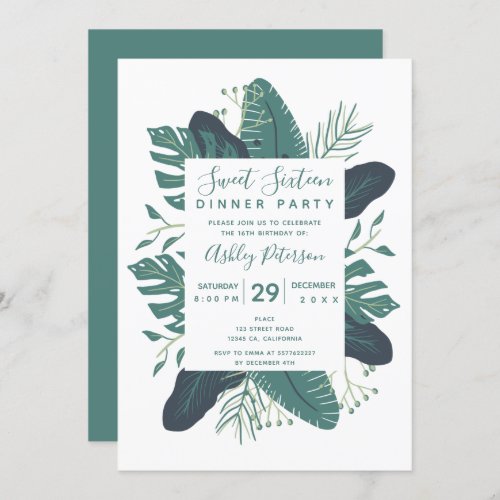 Greenery tropical leaf bloom typography sweet 16 invitation