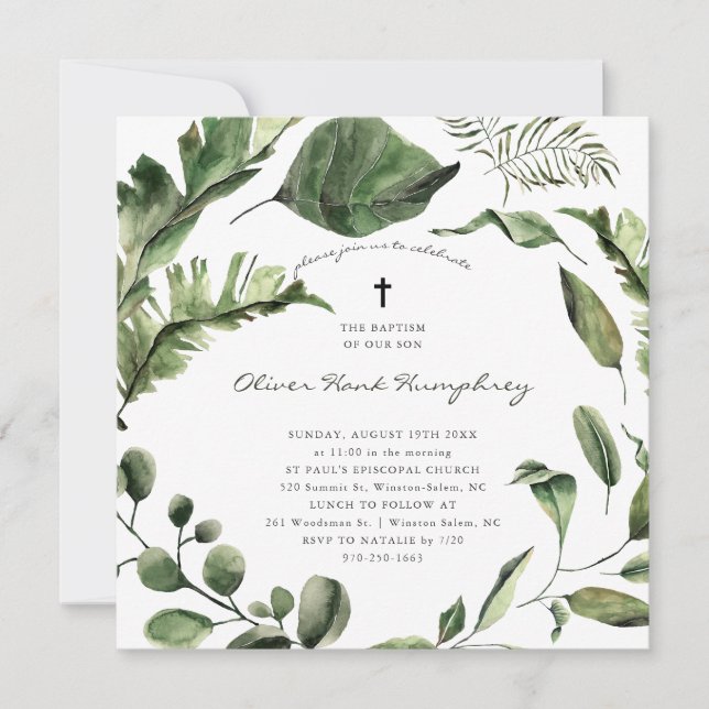 Greenery | Tropical Leaves Botanical Baptism Invitation (Front)