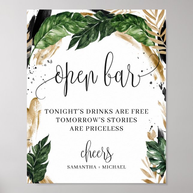 Greenery tropical leaves flowers open bar sign (Front)