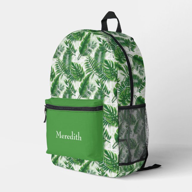 Greenery Tropical Leaves Pattern Personalized Printed Backpack (Back Corner Right)