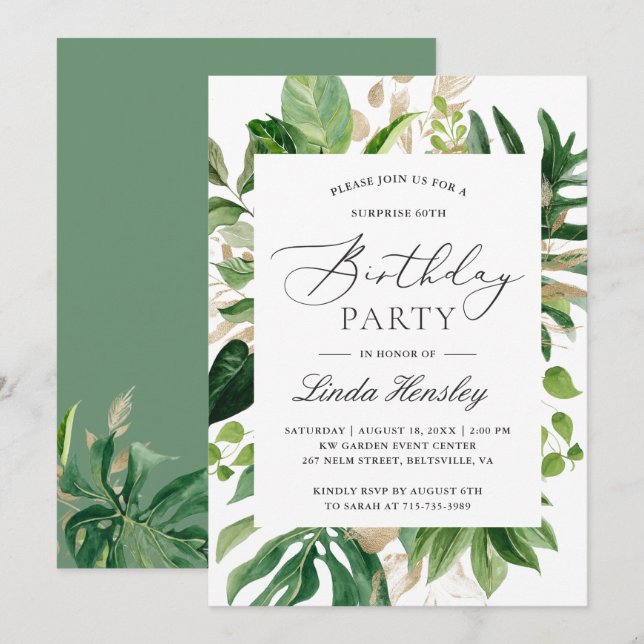 Greenery Tropical Leaves Summer Birthday Party Invitation (Front/Back)