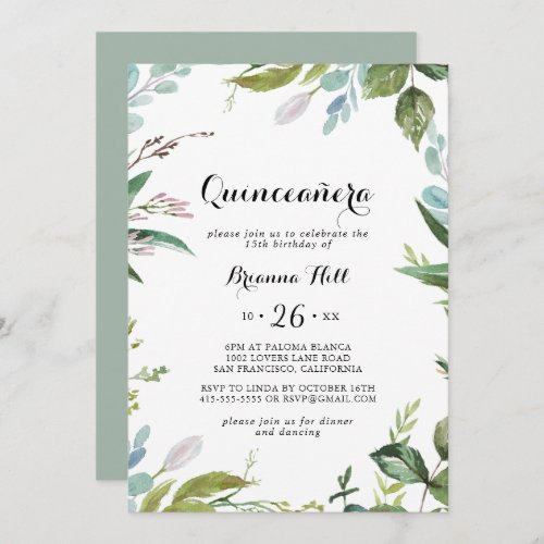 Greenery Tropical Modern Calligraphy Quinceaera Invitation