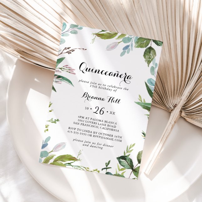 Greenery Tropical Modern Calligraphy Quinceañera Invitation (Creator Uploaded)