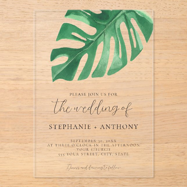 Greenery Tropical Monstera Leaves Summer Wedding   Acrylic Invitations (Front)