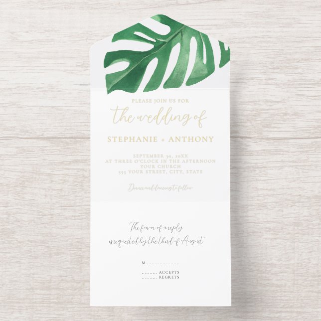 Greenery Tropical Monstera Leaves Summer Wedding   All In One Invitation (Inside)