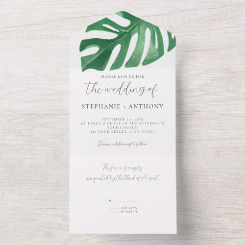 Greenery Tropical Monstera Leaves Summer Wedding   All In One Invitation