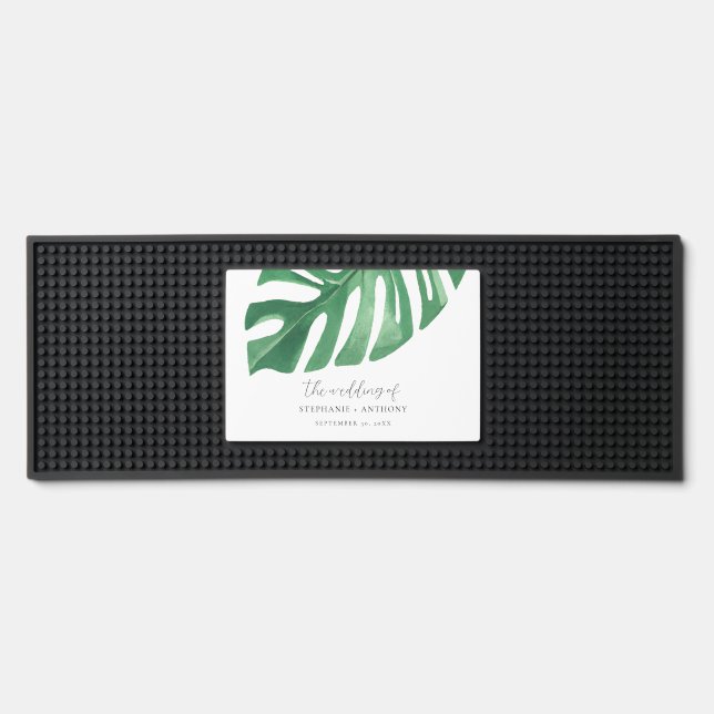 Greenery Tropical Monstera Leaves Summer Wedding   Bar Mat (Front)