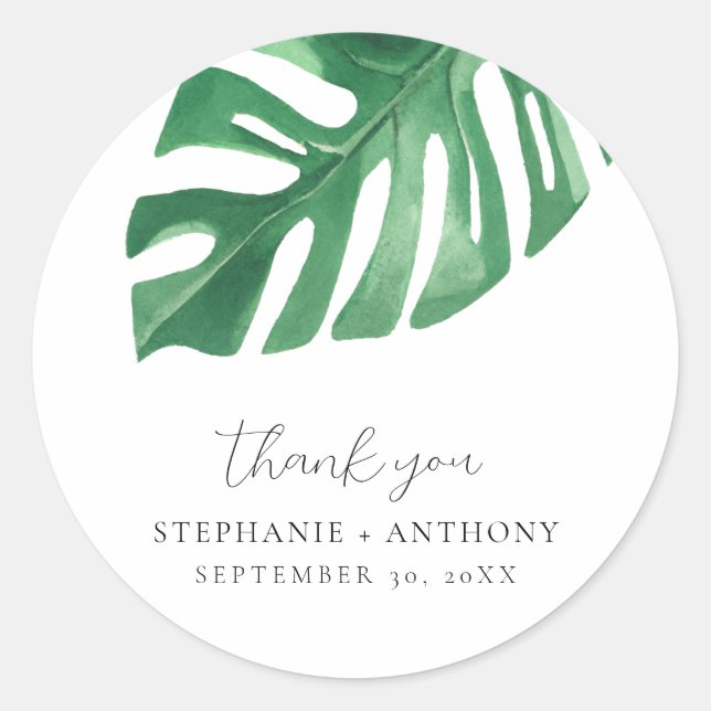 Greenery Tropical Monstera Leaves Summer Wedding   Classic Round Sticker (Front)