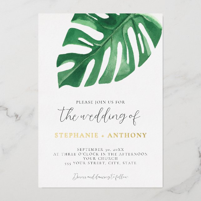 Greenery Tropical Monstera Leaves Summer Wedding   Foil Invitation (Front)