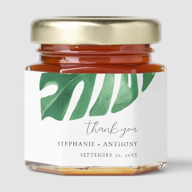 Greenery Tropical Monstera Leaves Summer Wedding   Honey Jar Favors (Front)