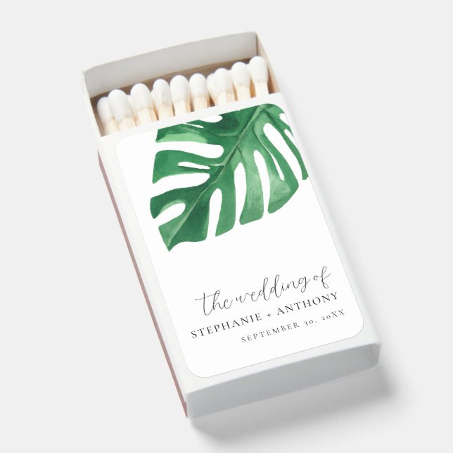 Greenery Tropical Monstera Leaves Summer Wedding   Matchboxes (Front Open)