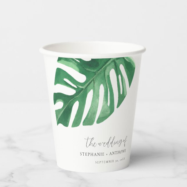 Greenery Tropical Monstera Leaves Summer Wedding   Paper Cups (Front)