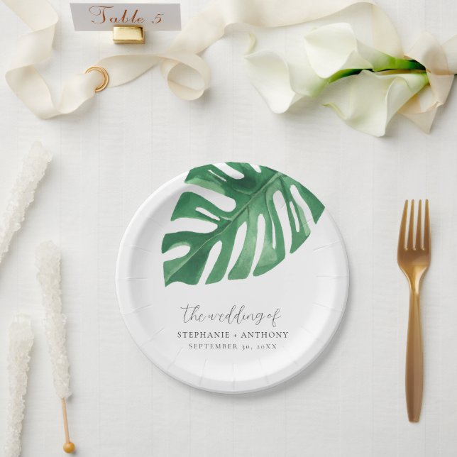 Greenery Tropical Monstera Leaves Summer Wedding   Paper Plates (Wedding)
