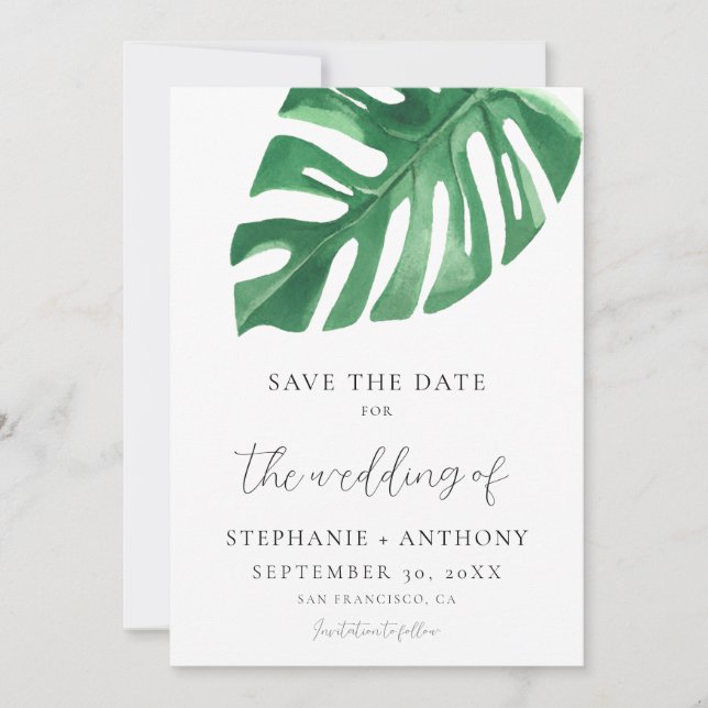 Greenery Tropical Monstera Leaves Summer Wedding   Save The Date (Front)