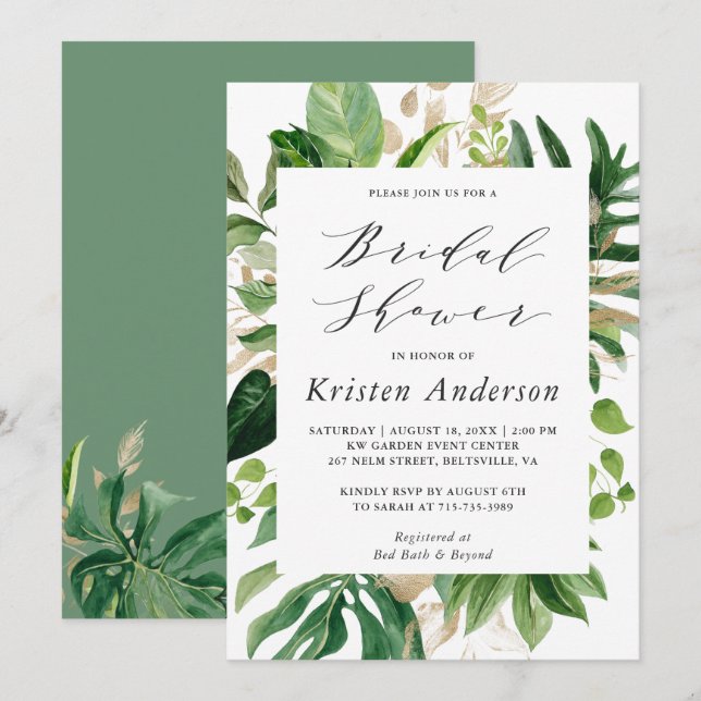 Greenery Tropical Palm Leaves Floral Bridal Shower Invitation (Front/Back)