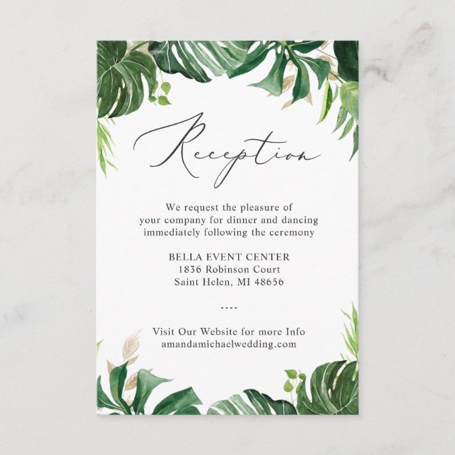 Greenery Tropical Palm Leaves Wedding Reception Enclosure Card (Front)