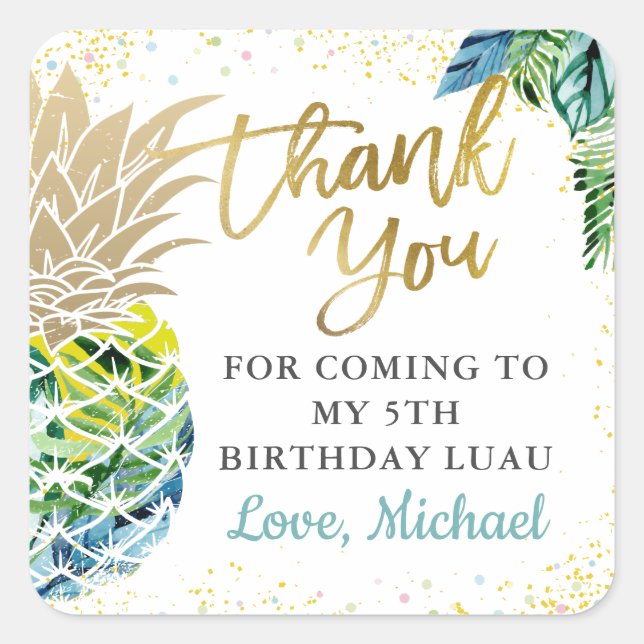 Greenery Tropical Pineapple Beach Party Thank You Square Sticker (Front)