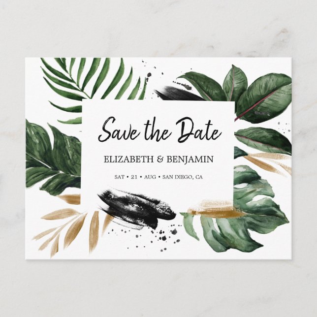 Greenery Tropical Summer Leaves Save The Date Postcard (Front)