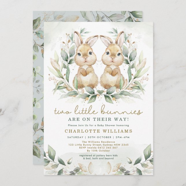 Greenery Twin Bunny Baby Shower Easter Rabbit Invitation (Front/Back)