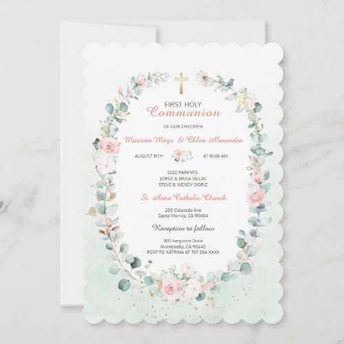 Greenery Twin Communion Girls Invitations